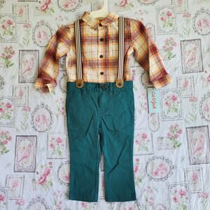 Cat & Jack by Carter's Outfit Green Suspender Pants Red Shirt 12‎ months
